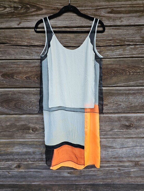 Helmut Lang Dresses & Skirts - Helmut Lang Colorblock Layered Sheer Silk Dress Size 10 Gray Black Neon Orange